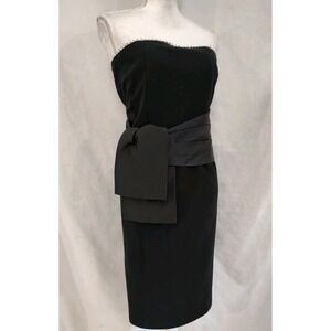 Vintage 90's Strapless Dress Black Crepe Dramatic Sash and Rhinestone Trim L